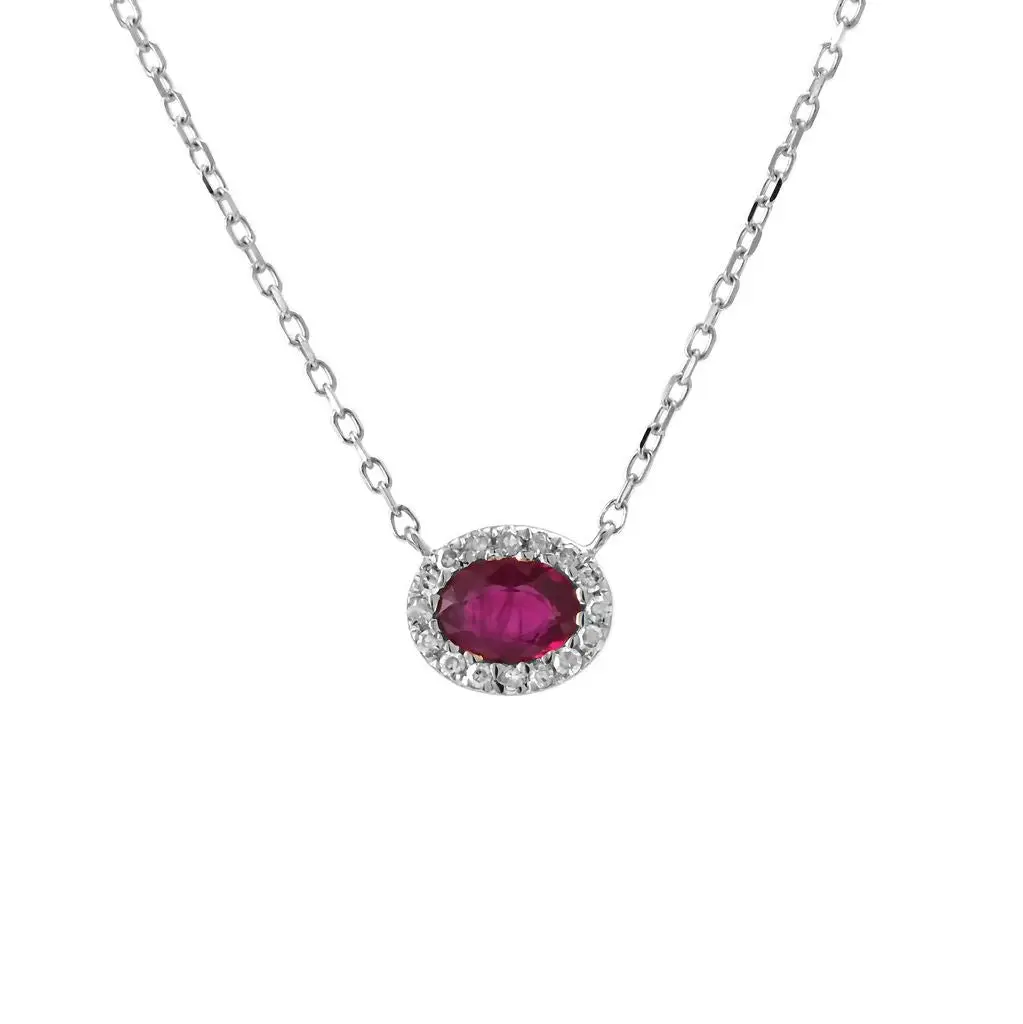 Oval Ruby and Diamond Halo Necklace in 14K White Gold