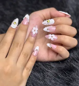 Cute Change Beauty 3D White Flower Press On Nails Pink Girly Nail Art Glossy Retro Vibes XS-9 Sizes Customizable Safe for Natural Nails Y2K Era Design