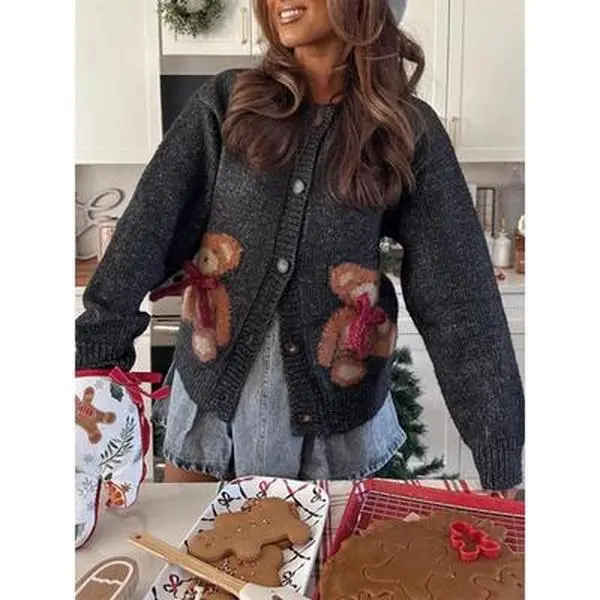 Home Goods Christmas Bear Design Knit Cardigan for Festive Season Long Sleeve Knitting Tops Womenswear Knitwear