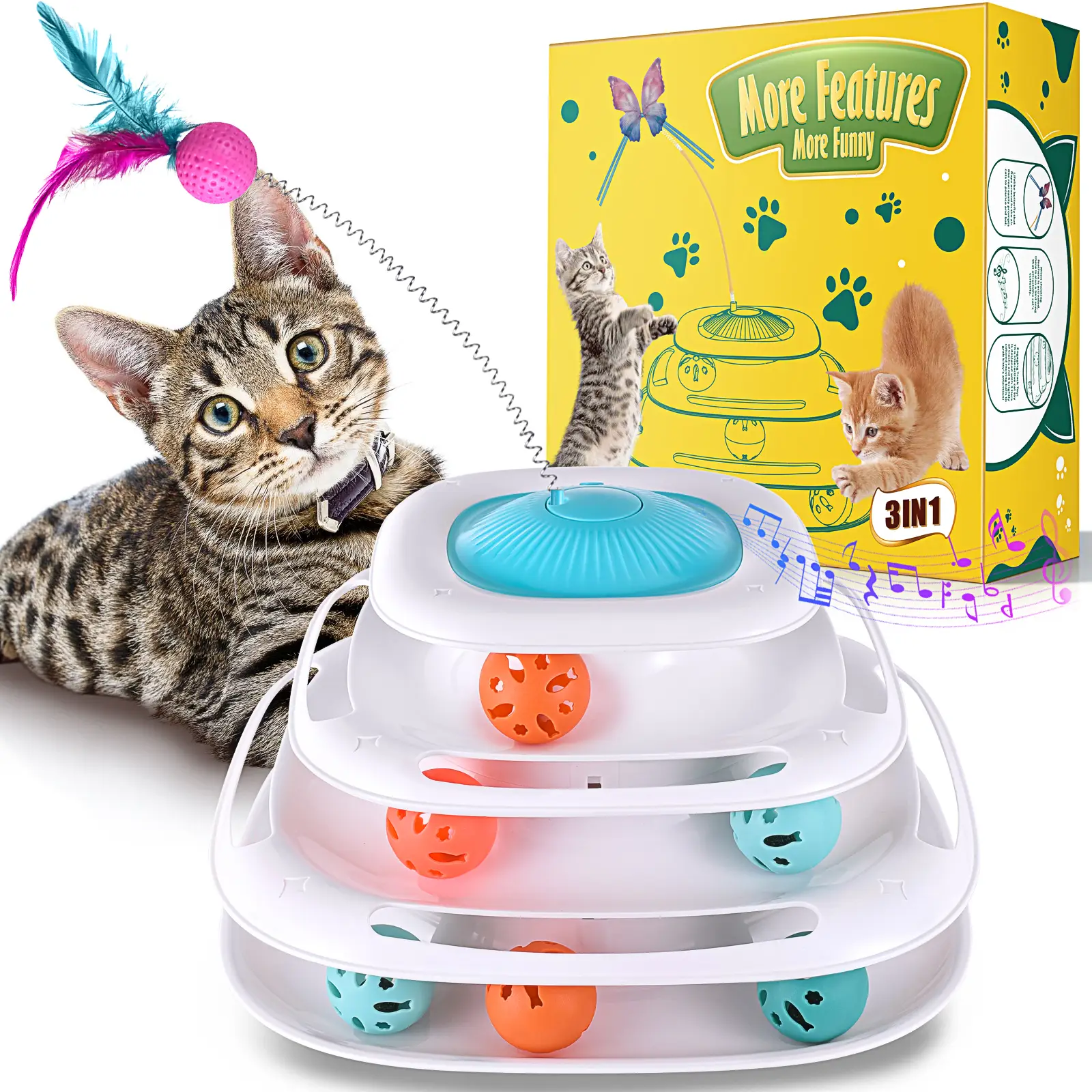 3in1 Interactive Cat Toys for Indoor Cats, Automatic Kitten Toys with 360° Fluttering Butterfly, Track Balls and Simulated Birds Chirping,Gifts for Ca