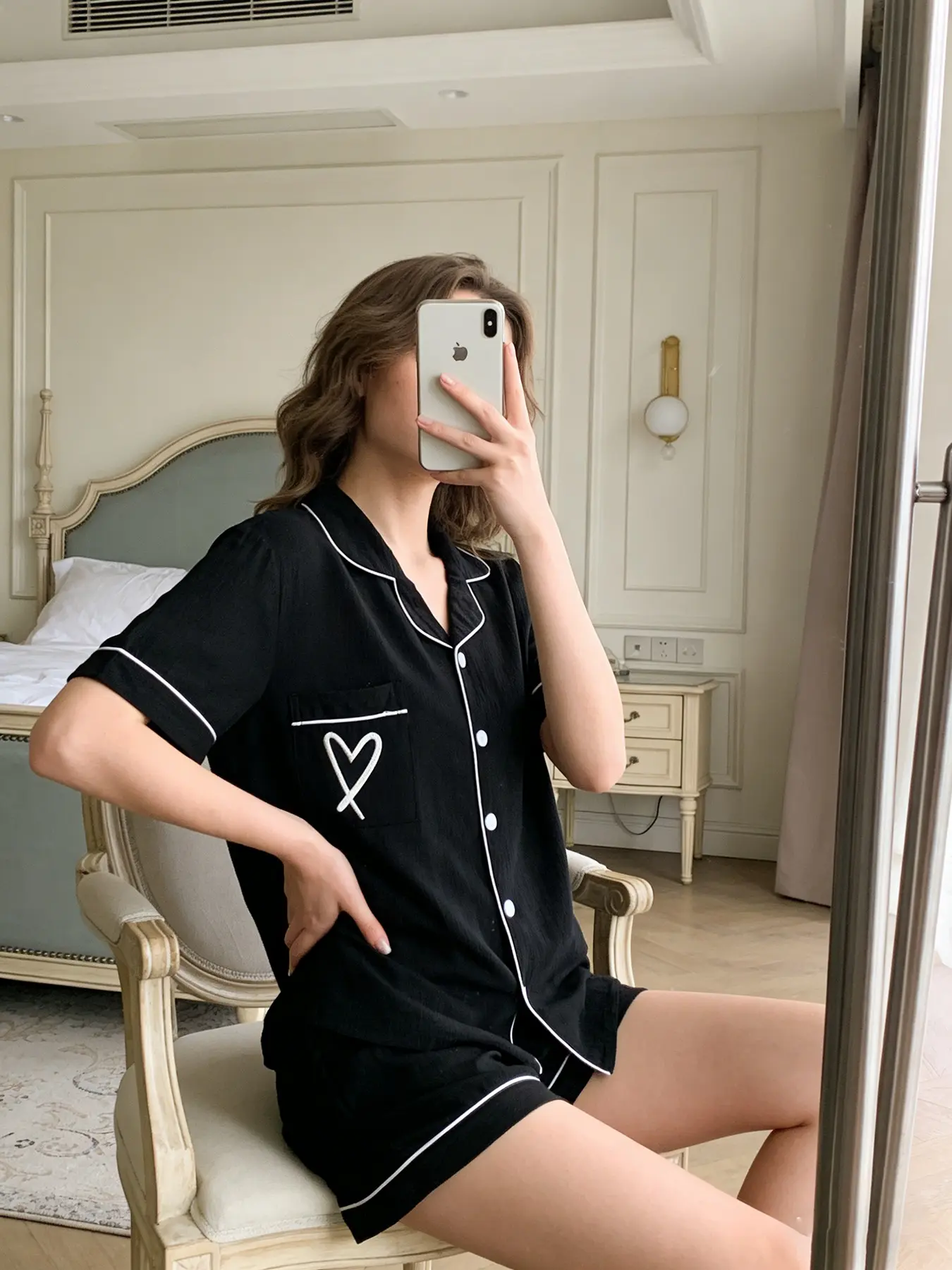 Two-Piece Women's Pajama Set with Button Down Short Sleeve Print Cardigan and Shorts, Cute and Comfortable Loungewear for All Seasons, Heart Print Sleepwear, Matching Sleepwear