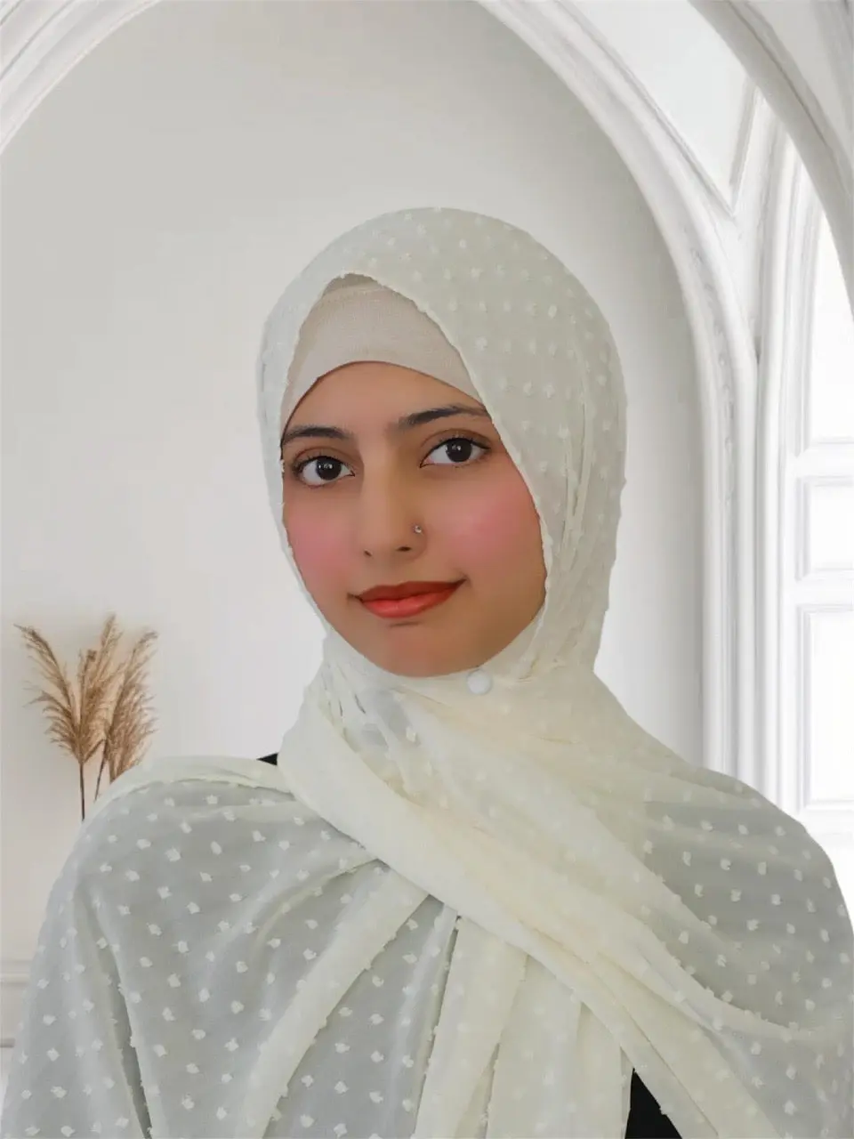 Milky White Pom Bubble Chiffon Hijab for Women