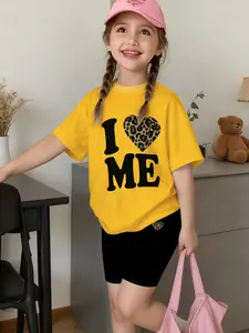 Girls' Leopard Heart Letter Short Sleeve Set, Loose Fit Elastic Waist Tee & Tight Pants, Casual Summer, All Seasons, Summer Outfits Set