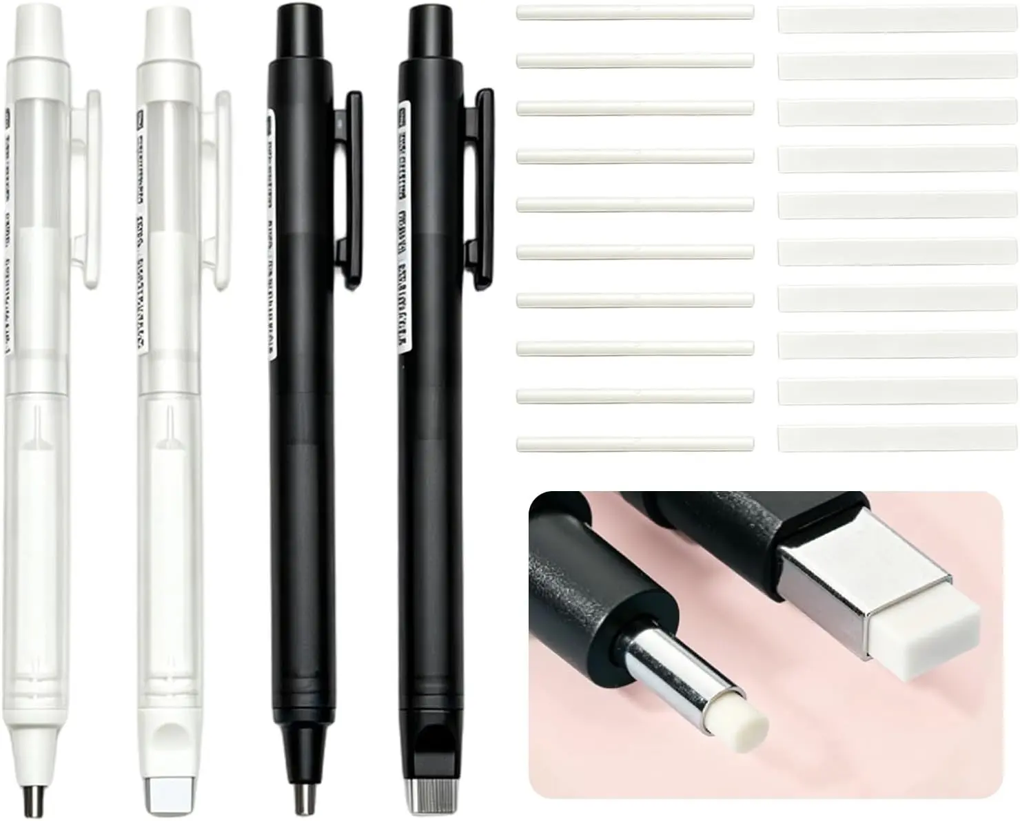 4 Pack Retractable Mechanical Eraser Pen Set (2 Black, 2 White) with 20 Refills, Precision Erasers for Artists Drawing, Office & Students