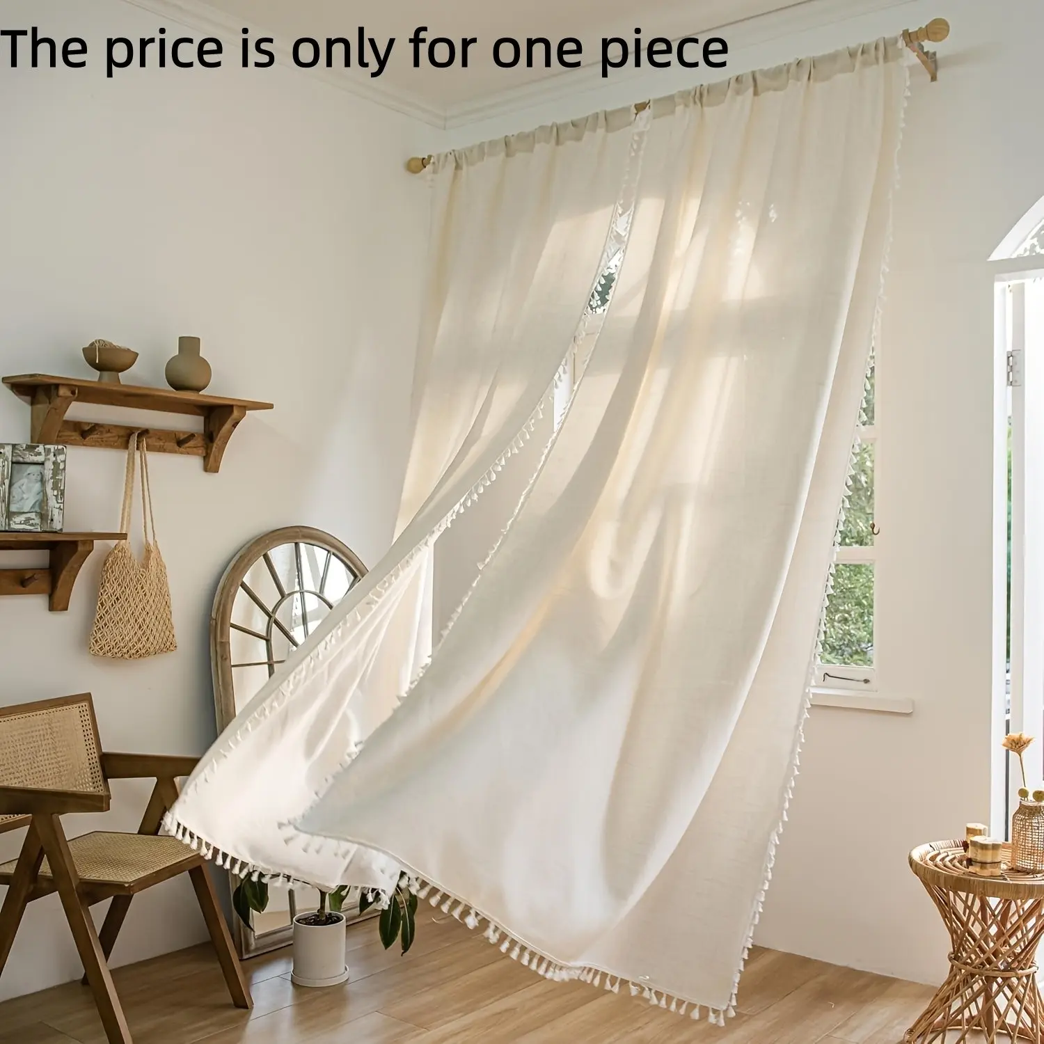 1PC Boho Style Linen Sheer Window Home Decoration Curtain, Rod Pocket Design, Ideal for Living Room, Bedroom, Balcony, Rural Home Decor, 1pc