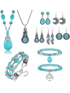 15 Pcs Bohemian Turquoise Alloy Jewelry Collection for Women Men Unisex Western Style Kit Layered Necklaces Wrap Bracelets Elegant Turquoise Drop Earrings Retro Classic Design Laid-back Boho Charm for All-gender Wear