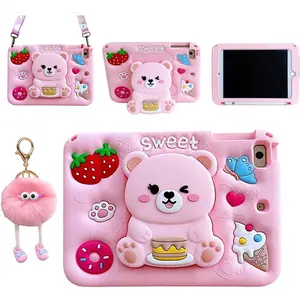 Cute Bear Case for iPad mini 1st 2nd 3rd 4th 5th Gen 7.9 inch,Kawaii Cartoon Pretty Sweet Bear Soft  Foldable Stand Case with Lanyard for  Teens Girls Women