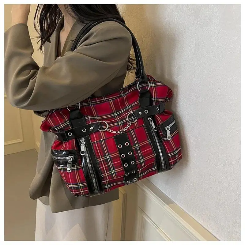 SHELKSBAG Punk Plaid Shoulder Bag Rise Up Gothic Alternative Handcuff Top Handle Tote Women 2025 Trendy New in Crossbody Bags