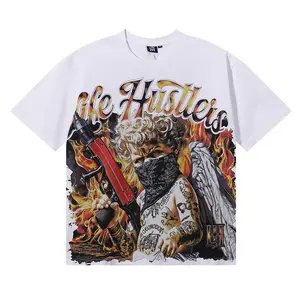 Extra Baggy "Life Hustlers" Masked Angel w/ Gun & Fire Graphic Tee, Rhinestone & Retro Faded, 2000s Retro Urban Street Style, For Men & Women Edgy Statement Top for Men Women Warm Weather Daily Outfit