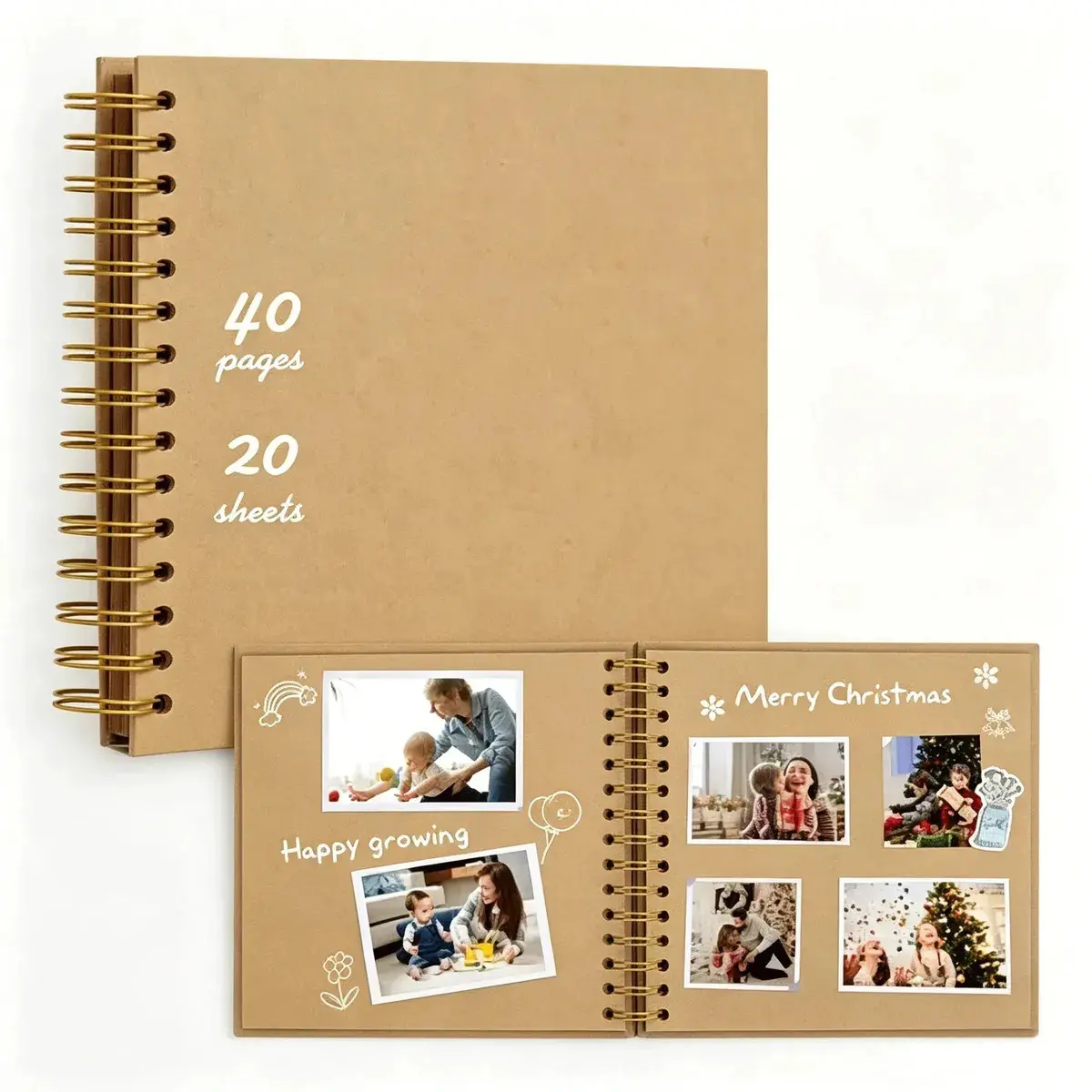 8x8-inch DIY scrapbook, spiral-bound hardcover kraft paper album with 40 customizable pages—perfect for family, weddings, DIY crafts, and anniversaries.