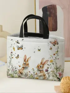 Rabbit Pattern Handbag Portable Lunch Bag, Women's Casual Shoulder Bag, Large Capacity Camping Student Picnic Food Drink Bag