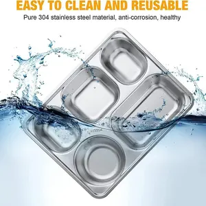 3pcs Deep Stainless Steel Divided Plates, Rectangular Portion Control Dishes with 5 Compartments, Ideal for Lunch Dinner Camping
