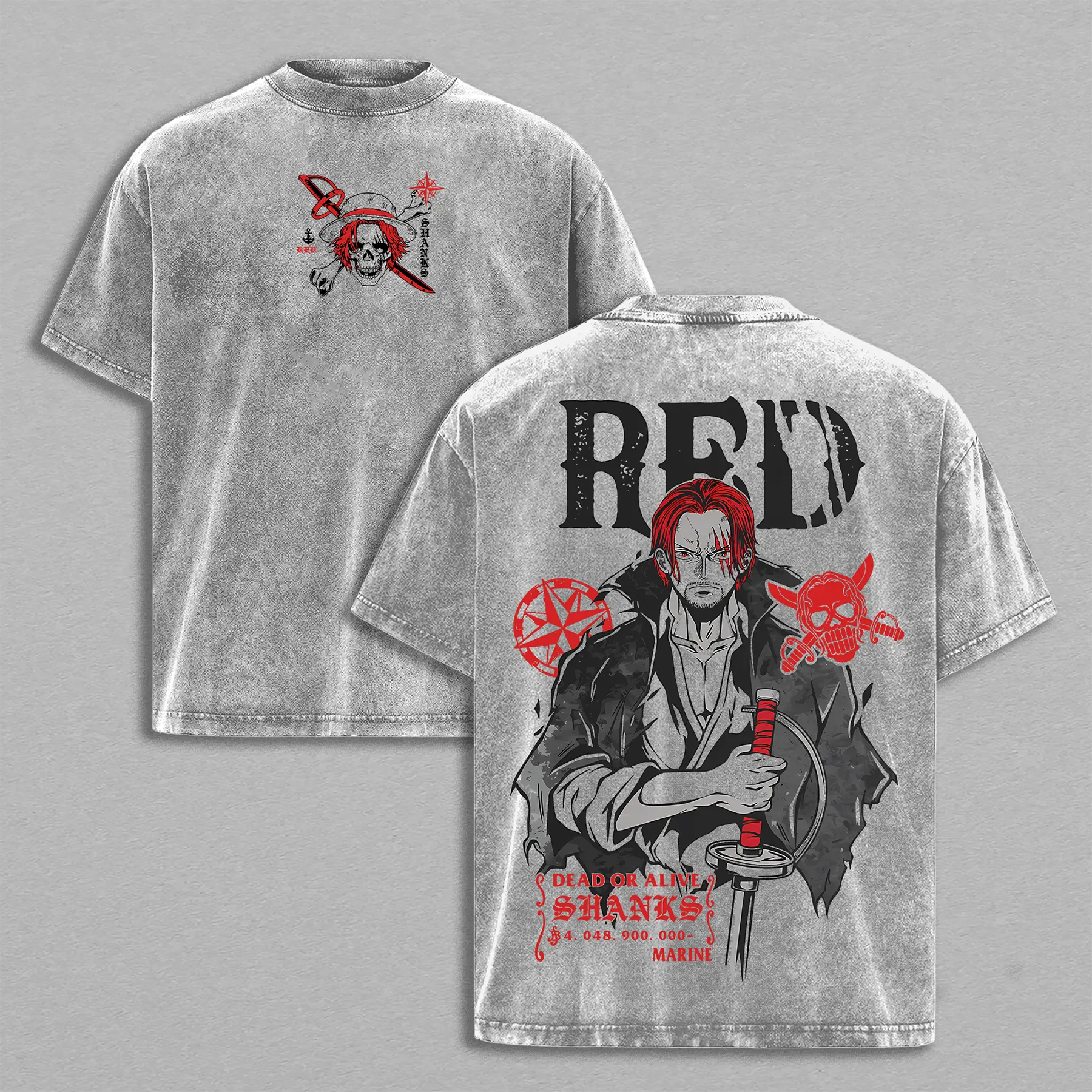 Shanks Red One Piece Vintage Washed Oversized Tee – Heavy Cotton Anime Streetwear T-Shirt, Pirate Emperor Graphic Top for Fans