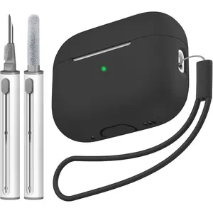 Compatible with Airpods Pro 2 Case, Soft Silicone Skin Cover Protective Cases with Cleaner kit and Lanyard Compatible for AirPod Pro 2nd Generation, Front LED Visible-Black
