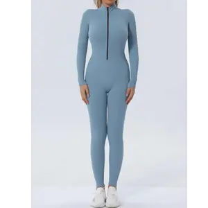 Women's Solid Long Sleeve Sports Tight Bodycon Jumpsuits, Zip Up Ribbed Exercise Playsuit High Waist Skinny Jumpsuits, Seamless Jumpsuits, 2023 Trendy One-piece Yoga & Dance Suits, High Elastic Sports Suit, New Autumn One Piece Outfit Clothes for Ladies