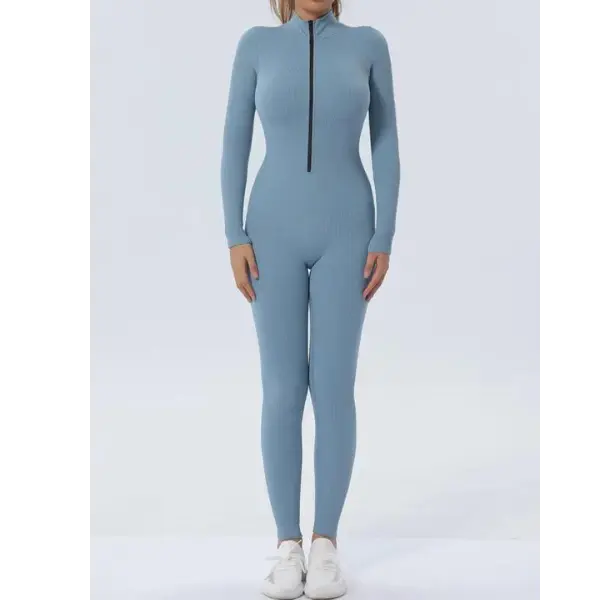 Women's Solid Long Sleeve Sports Tight Bodycon Jumpsuits, Zip Up Ribbed Exercise Playsuit High Waist Skinny Jumpsuits, Seamless Jumpsuits, 2023 Trendy One-piece Yoga & Dance Suits, High Elastic Sports Suit, New Autumn One Piece Outfit Clothes for Ladies