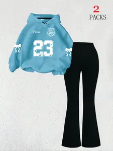 Women's Warm Sweatshirt Set + Slim Fit Flare Pants, Casual Butterfly Print Hoodie with Kangaroo Pocket, Fall & Winter