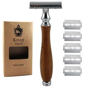 Stainless Steel (4.5") Wooden Long Handle Safety Razor for Men Women - Double Edge Shaving Razor - Fits All Double Edge Razor Blades - Comes With 5 Shave Blades Provides Bump Free Smooth Shaving Durable Shaver Comfort