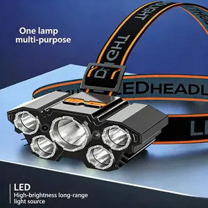 LED headlight, extremely bright with 2000 lumens, equipped with 5 super bright bulbs, IPX4 level waterproof, rechargeable, suitable for hiking, camping, and fishing.