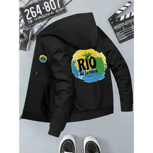 Bmuvlss Men'S Tropical Rio de Janeiro Graphic Hooded Jacket - Lightweight Zip-Up Coat with Brazilian Flag Colors, Slim Fit Casual Outerwear for Business, Travel, Everyday - Fall/Winter Jacket (No-Lining Needed), Business Casual, Trendy Design, Durable Fab