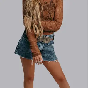 Womens Floral Lace Mesh Layering Top - Long Sleeve Sheer Nylon Blouse for Fall Spring Winter Chic Elegance Layering