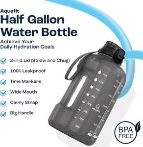 AQUAFIT 64 oz BPA-Free Half Gal Water Bottle - 2-in-1 Straw & Chug Lid, Time Marker - Large Gym Drinkware (Lilac)