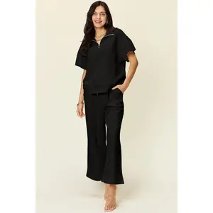 Double Take Full Size Texture Half Zip Short Sleeve Top and Pants Set