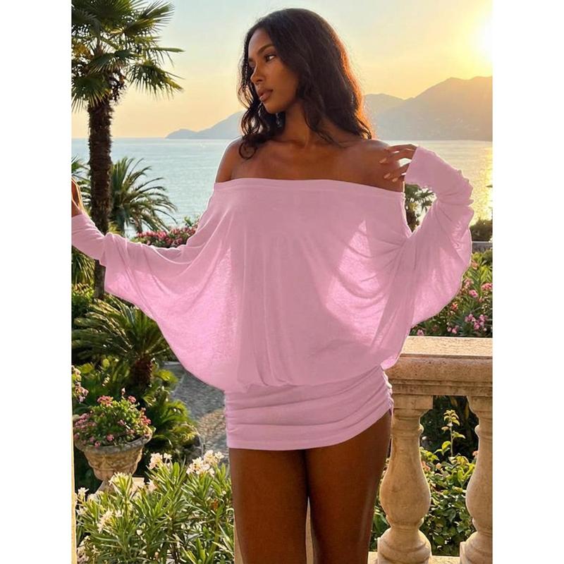 Women's Sheer Ruched Party Dress, Off-The-Shoulder Long Sleeve Women's Mini Dress for Spring & Fall