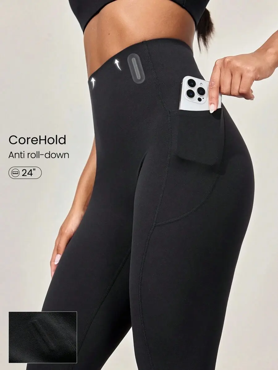 GLOWMODE 24'' CoreHold FeatherFit ™ -Sculpt Tummy Control No Front Seam Leggings With Side Pockets Medium Impact Workout Jogging Gym Training Spring Summer