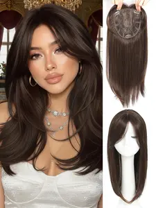 18 Inch Clip in Hair Topper with Bangs, Large Base 6.5x6.5 Inch, Synthetic Hairpiece for Women with Thin Hair, Easy to Wear