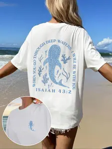 Women's Whale & Coral Print Round Neck Tee, Fashion Casual Oversize Loose Oversized Crew Neck T-Shirt for Daily Holiday Vacation Outdoor Wear, Ladies Clothes for Summer, Top