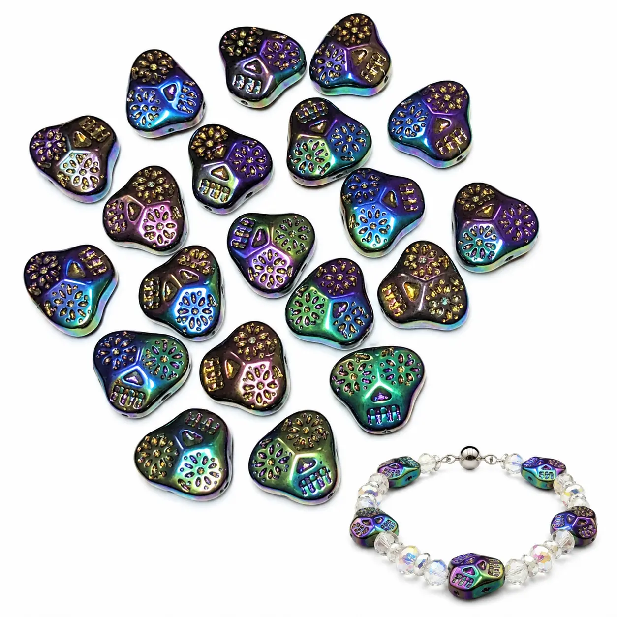 Halloween Skull Beads for Jewelry, Pirate Skull Glass Beads in Bulk, Crafts DIY Bracelet Supplies, Gift for Beader, 20 Pcs