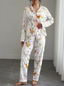 Women's Casual All-Over Print Pajama Set Loungewear, Fitted Long Sleeve Top & Elastic Pants, Soft Stretchy Fabric, Perfect for Home & Outdoor Wear
