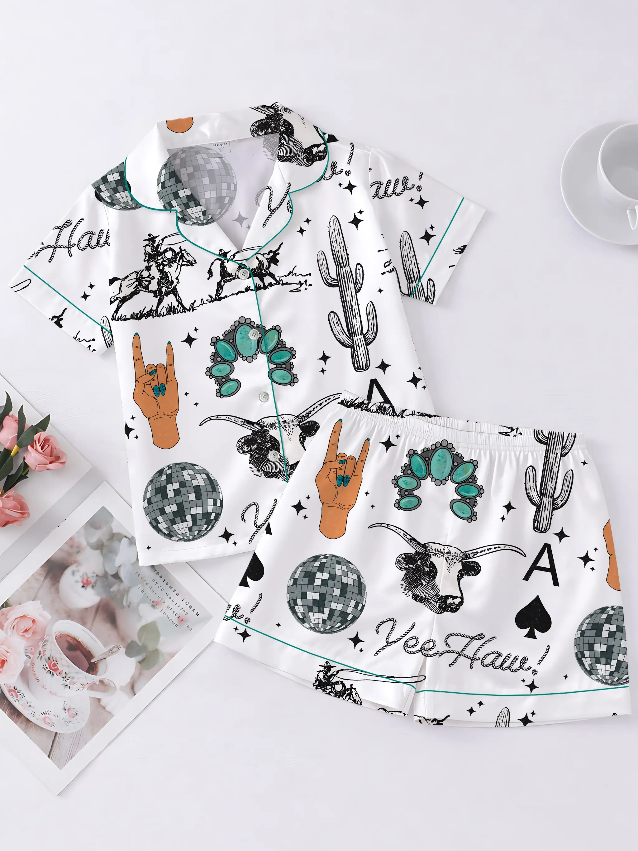 Cute Western Things Sublimation Cowgirl Spade Rodeo Satin Pajama Sets for Women, Western Print, Short Sleeve Top & Shorts, Comfortable Summer Sleepwear Set, Loungewear Pajama