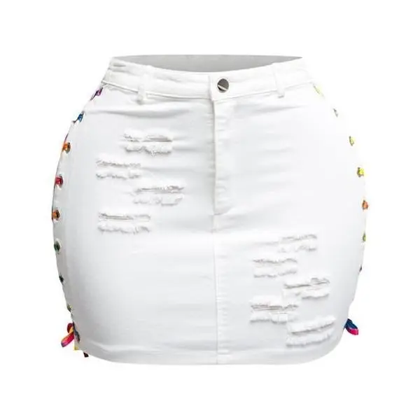 Denim Skirt - Relaxed Voluminous Fit with Distressed Finish & Rainbow Shoelace Side Lacing for Comfort and Style - Fabric Colorful Womenswear Bottom Jeans Skirt