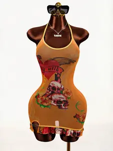 Skull Rose Print Halter Neck Mesh Mini Dress, Sheer Backless Sexy Style Womenswear Evening, Perfect for Night Out, Music Festival, Party, Date, Brunch, Office, Layering, Daily Wear