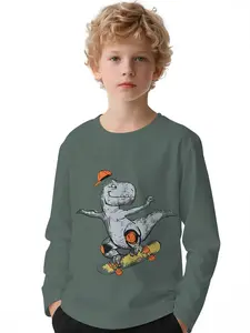 Skate Park Diary! Street Dinosaur Digital Print Long-Sleeve Crew Neck Drop-Shoulder Sports Sweater Top T-Shirt, Long-Sleeve for Boys' Spring and Autumn, 100% Polyester, The Best Gift for Boys