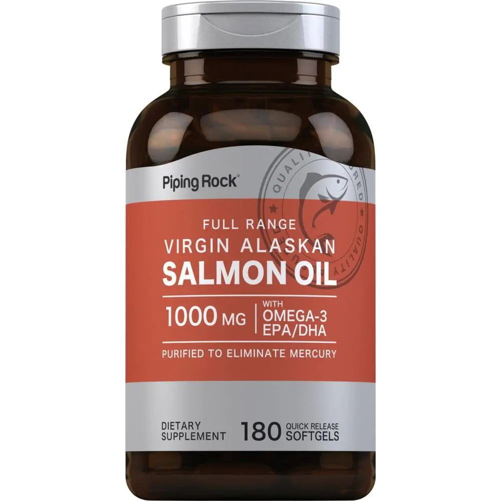 Piping Rock Wild Alaskan Salmon Fish Oil | 1000mg | 180 Softgels | Supplements for Humans | Omega-3, EPA, and DHA | Non-GMO and Gluten Free