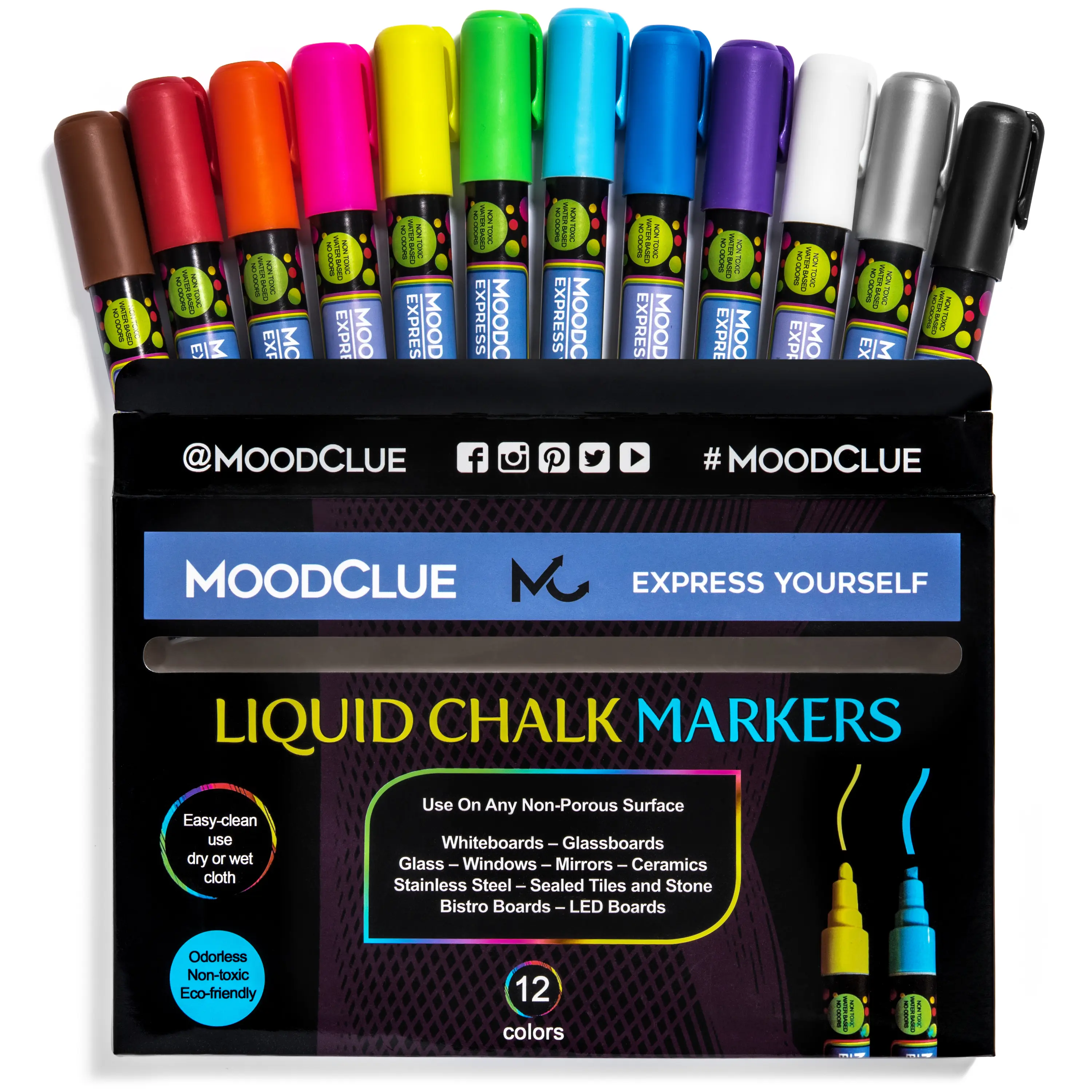 MoodClue 12 Neon Liquid Chalk Markers. Perfect for windows, mirrors, car windshields, auto, glass, whiteboards, chalkboards, bistro boards. Erasable, washable. Wet or dry erase. Reversible thick and thin tip. Fun for kids and adults.
