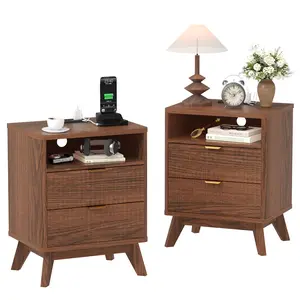 Fluted Nightstand Set of 2 with Charging Station,Bedside Table with 2 Storage Drawers,End Table with 2 Drawers and Solid Wood Legs,for Living Room and Bedroom