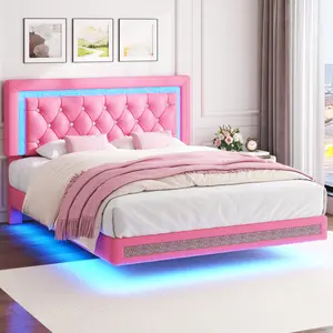 【Floating】TryLazy Floating Bed Frame with LED Lights Upholstered Modern Platform Bed Diamond Tufted Headboard Noise Free Comfort