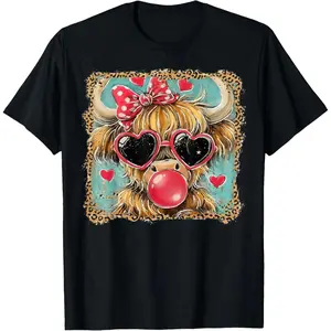 Highland Cow Valentine Coquette Heart Leopard Bow T-Shirt