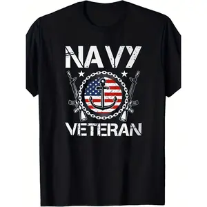 Navy Veteran Graphic T-Shirt - 100% Cotton Short Sleeve Crew Neck Tee Lightweight & Soft - Ideal for Parties Sports Home Wear; Perfect Gift for Birthdays Friends & Holidays [Plus Size] Slogan Print Casual Short Sleeve T-Shirt| Breathable Summer