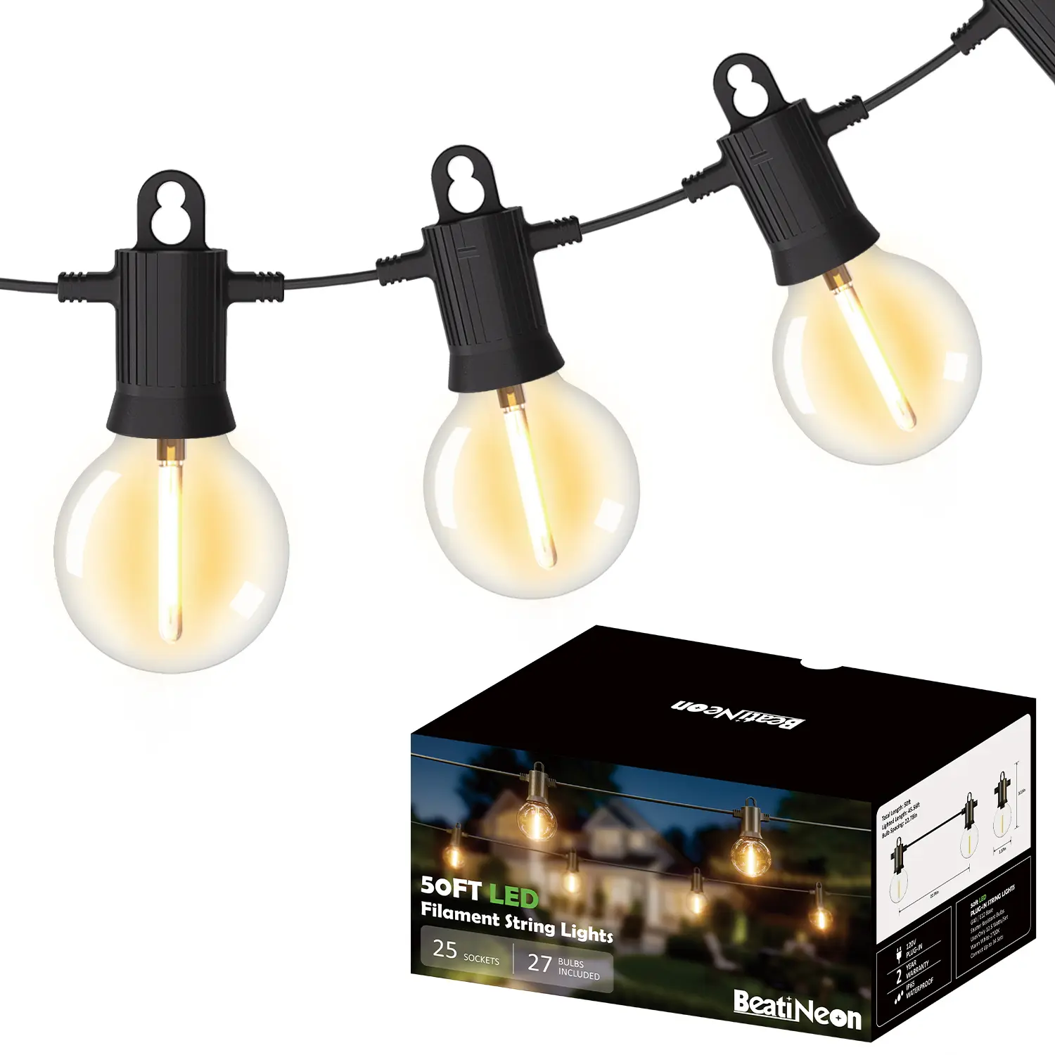 BEATINEON G40 Outdoor LED String Lights - 12.5w Power, Plastic Bulbs, Waterproof Shatterproof, Connectable Hanging Lights for Backyard, Bistro (50/100/150FT)