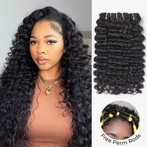 [Wequeen] Vacation Friendly Deep Wavy Kinky Curly Viral Hair Bundles Budget Friendly 10A Grade Brazilian Virgin 100% Human Hair Quick Weave Sew in/Glue in Free Perm Rods Gift Valentine Gifts