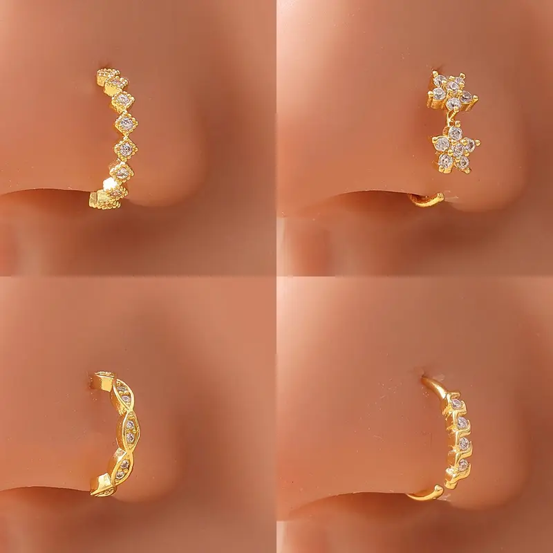 4-Piece Minimalist Fashion Body Jewelry Nose Rings for Women, Copper Alloy Plum Blossom Design, Casual Style, Party Gift
