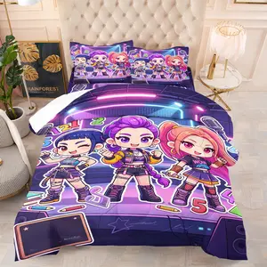 K-Pop Q-Version Anime Idol Comforter Set, 1 Quilt and 1-2 Coreless Pillowcases, Virtual Girl Group Neon Light Effect Stage Scene, Comfort Fabric Bedding, Cyberpunk Bedroom Decor, Gift for Fans