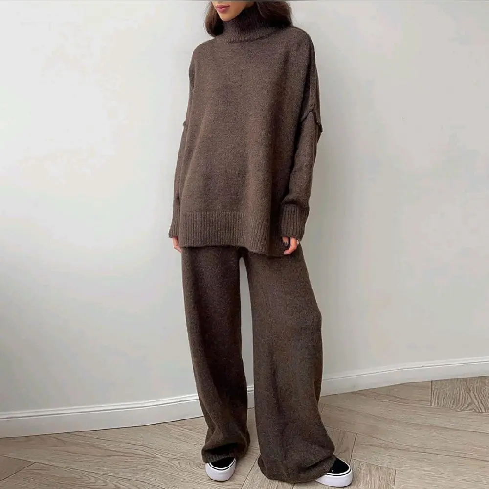 Brown 2 Piece Turtleneck Oversized Chunky Sweater Set Batwing Slit  Fall Sweater Wide Leg Pants Loungewear Winter Sweater Loung Set