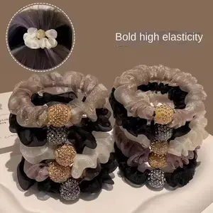 Set of 4 - European American Luxury Leopard Print Satin Scrunchie Women's Hair Rope Band with Rhinestone for Girls Wholesale Bold High Elasticity
