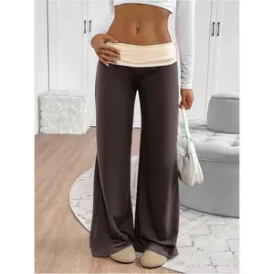 Women's Sweatpants - Color Block Low Rise Fold Over Waist Baggy Wide Leg Lounge Pants for Women, Casual Comfort Yoga Pants, Trendy Streetwear